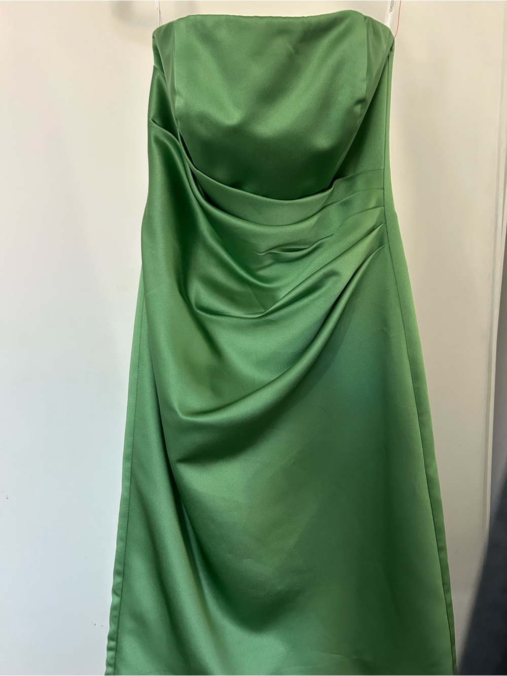 David's Bridal Strapless Emerald Satin Draped Gown